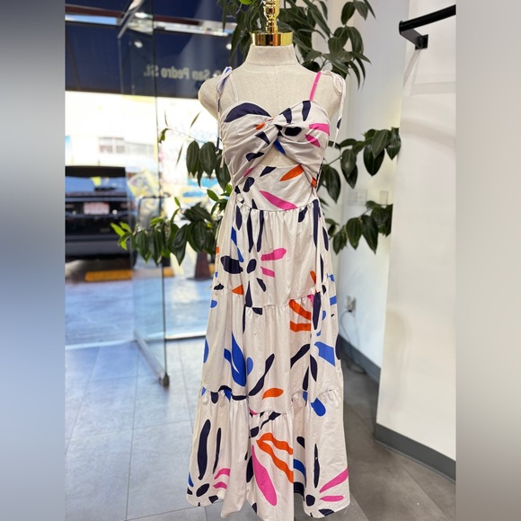 Abstract Print Cutout Midi Dress – Knot Bust & Tiered Skirt - Picture 1 of 4